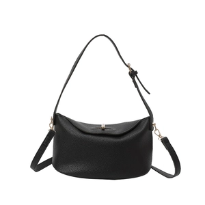 Litchi texture black leather pillow bag with gold clasp lock for crossbody wear