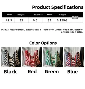 Detailed size chart and four color options for the striped knit oversized tote bag