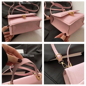 Detailed views of pink crossbody bag with gold hardware and stylish lock closure