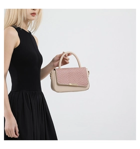 Détail d'un sac beige avec rabat tissé rouge et fermoir doré porté par un mannequin