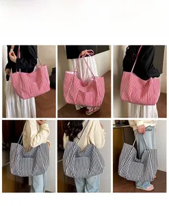 Collage of large striped canvas tote bags showing models carrying red and black versions