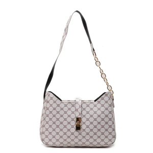 Borsa a spalla bianca minimalista con motivo a catena marrone e chiusura a girello oro