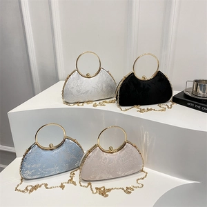 Women Evening Clutch Bag Floral Embroidery Fabric Gold Round Handle Metal Chain Strap Elegant Party Handbag