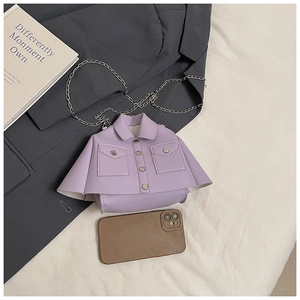 Detailed view of lavender jacket-style mini bag with silver chain and metal button accents