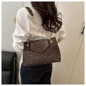 Sac à main marron à motif serpent et chaîne dorée vu de dos avec élégance