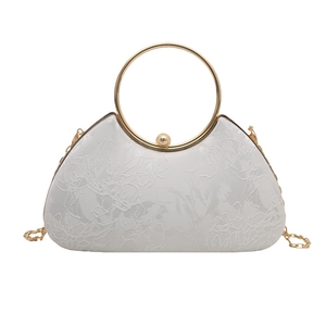 Ivory floral jacquard evening clutch bag with round gold handle and chain strap