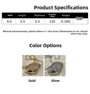 Detailed size chart and dimensions for the mini shell chain bag in gold and silver