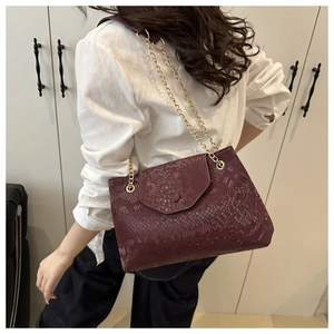 Close-up of burgundy embossed snake pattern shoulder bag with a gold chain strap