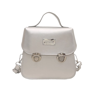 Silver metallic vintage bucket bag with dual metal buckles and top handle