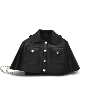 Creative black motorcycle jacket-shaped crossbody bag with silver chains and hardware
