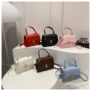 Collection of stylish square handbags in six colors with metallic ring buckles and straps