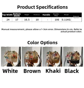 Size chart showing dimensions for the vintage ethnic embroidery drawstring bucket bag