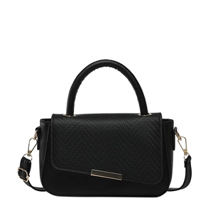 Chic black PU leather handbag featuring a woven texture flap and gold metal trim detail
