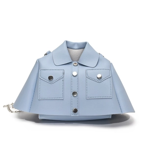 Unique light blue jacket-shaped chain crossbody bag with silver buttons and lapel