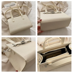 Detailed views of beige lychee leather handbag featuring silver twist lock and interior storage