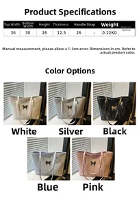 Size chart showing dimensions for a lightweight butterfly tote bag with five colors