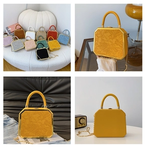 Detail of octagonal evening box bag with 3D floral embossing and gold chain strap