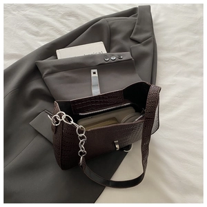 Detail of dark brown crocodile embossed texture with silver chain and internal storage