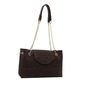 Sac fourre-tout marron foncé mat avec rabat serpent et bandoulière chaîne dorée