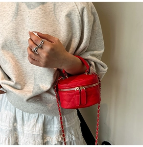Macro shot of red quilted mini bag with gold chain strap and double zipper detail