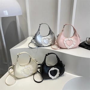 Women Lace Heart Crescent Hobo Bag Sweet Mori Style PU Leather Crossbody Handbag With Removable Strap Fashionable