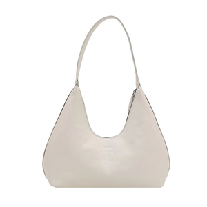 Minimalist cream white crescent shoulder bag with FASHION lettering on smooth leather