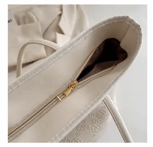 Dettaglio macro della cerniera in metallo dorato su borsa tote bianca con fiori a rilievo