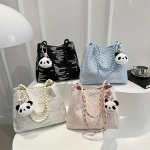 Women Fashion Tote Bag Large Capacity Colorful Wave Embroidery Embossed Texture Woven Handle Shoulder Bag With Panda Charm