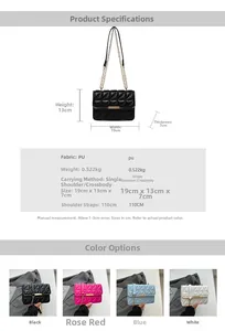 Detailed size chart for quilted crossbody bag showing dimensions and four color options