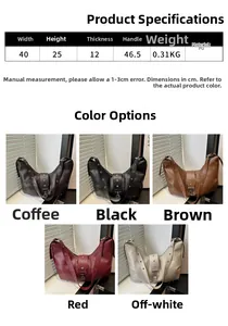 Detailed size chart and specifications for large PU leather tote bag in five colors