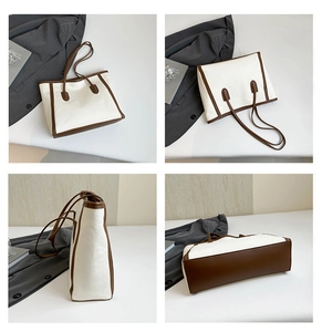 Vierfache Collage einer Retro-Canvas-Tragetasche mit elegantem braunem Lederbesatz