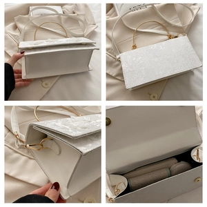 Detail shots of white lace bag with embossed floral texture and gold handles