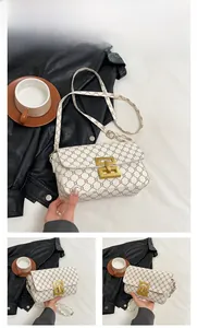 Detail shot of white crossbody bag with vintage brown chain pattern and gold square lock