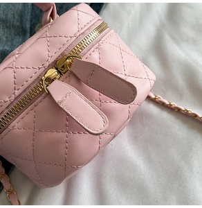 Detail of pink quilted mini bag featuring dual zippers and woven gold chain strap