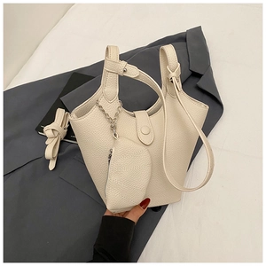 Litchi pattern leather bucket bag with mini pouch and detachable silver chain strap