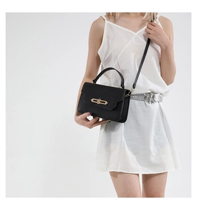 Classic black leather crossbody bag for women with elegant golden geometric metal buckle