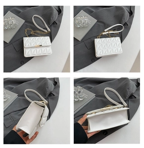 Detailed four-angle view of a white quilted crossbody bag with golden chain strap