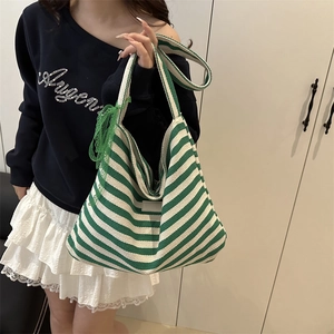 Chic green and white striped canvas tote bag with side lace ribbon detail for women
