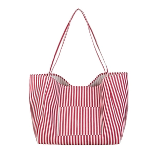 Red and white vertical striped canvas tote bag with outer pocket and long handles