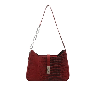 Retro red crocodile embossed shoulder bag with silver square buckle and chain strap
