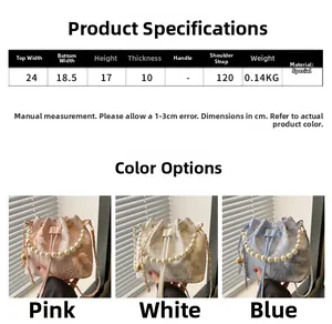 Detailed size chart and parameter specifications for the embroidered drawstring bucket bag
