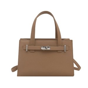 Brown lychee leather handbag with silver lock buckle and detachable shoulder strap