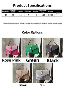 Detailed size chart and multi-color view of minimalist crossbody flap square bags
