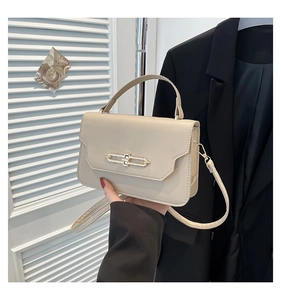 Detail of a beige minimalist handbag with a long gold metal lock and a top handle
