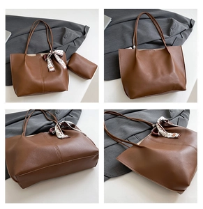 Vue détaillée sous plusieurs angles d'un grand sac cabas marron avec foulard en soie