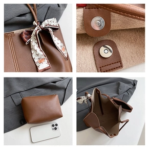 Détails d'un sac cabas marron avec foulard en soie décoratif et pochette intérieure