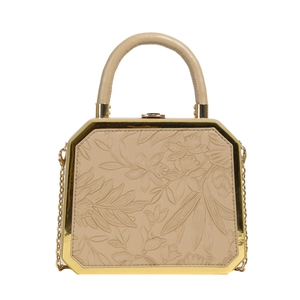 Elegant beige octagonal box bag with floral embossing and gold chain strap