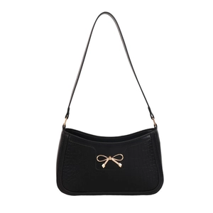 Sac sous le bras noir classique à motif crocodile avec décoration nœud doré