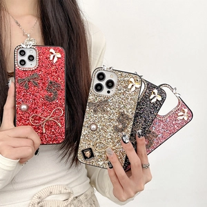 Glitter iPhone 15 Pro Max case with 3D bow, pearls and rhinestones in four shiny colors