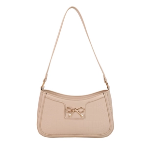 Chic beige crocodile embossed underarm bag with golden bow hardware for women
